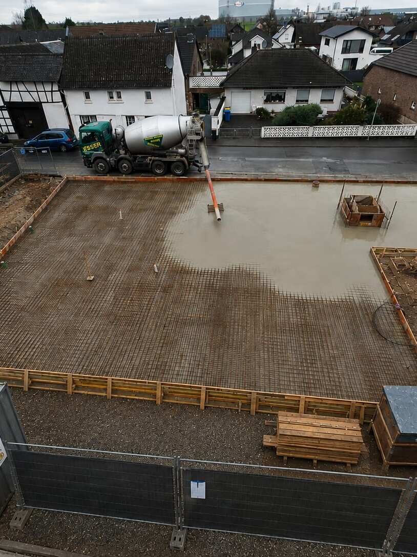 Betonage einer bewehrten Bodenplatte: Betonpumpe über der eingeschalten Fläche, die frisch eingebrachte Decke reicht bis an die Bewehrungsmatte, Baustelle im Kreis Euskirchen